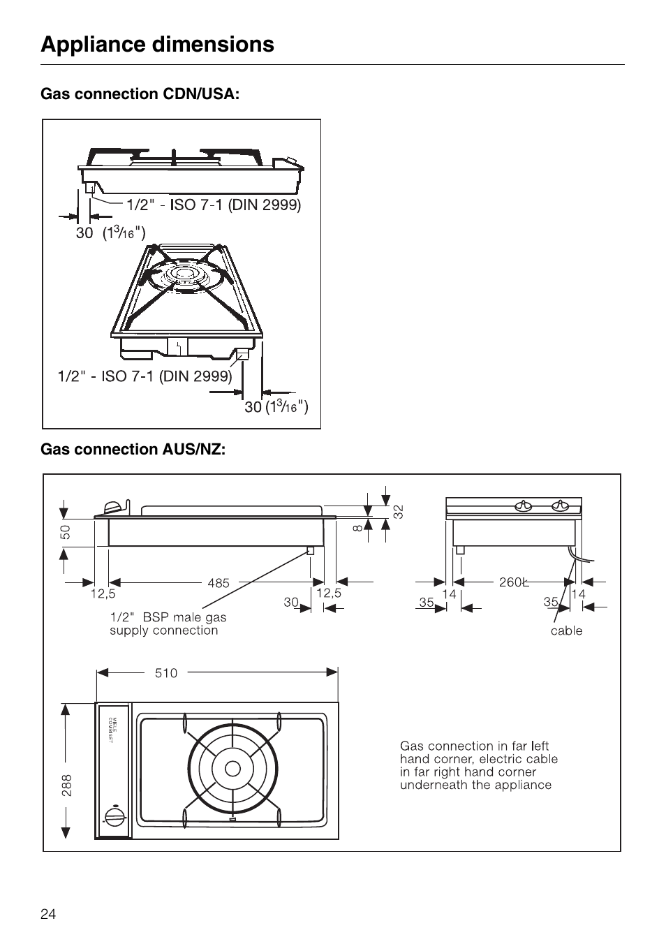 Appliance dimensions | Miele GAS KM 81-2 User Manual | Page 24 / 44