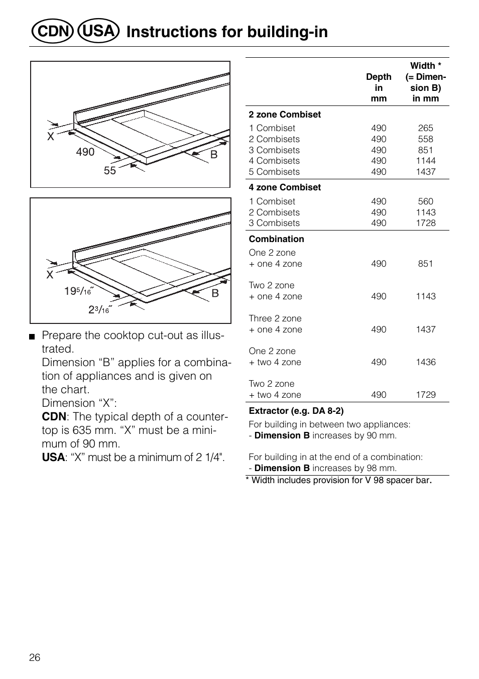 Instructions for building-in | Miele GAS KM 81-2 User Manual | Page 26 / 44