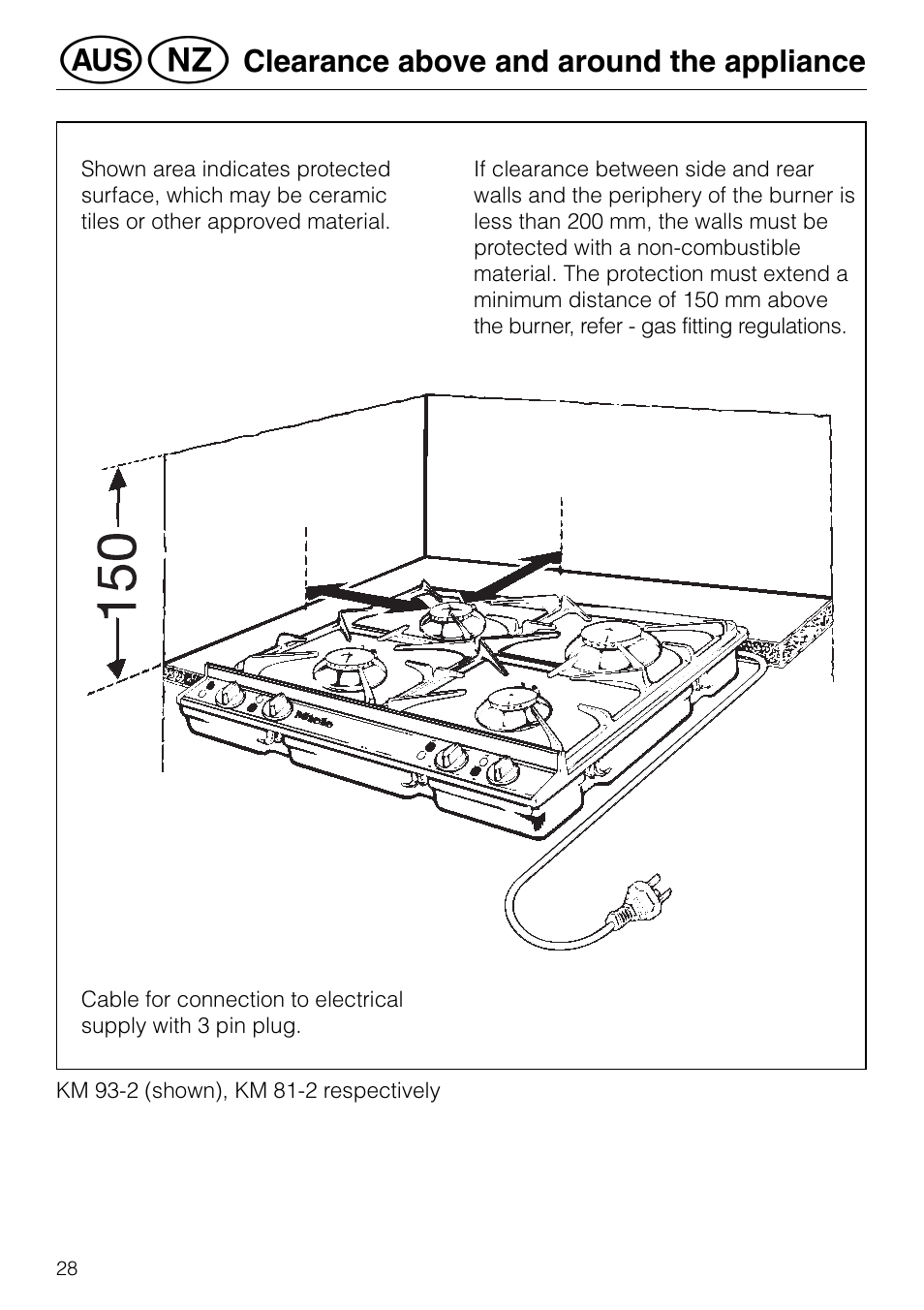 Clearance above and around the appliance | Miele GAS KM 81-2 User Manual | Page 28 / 44