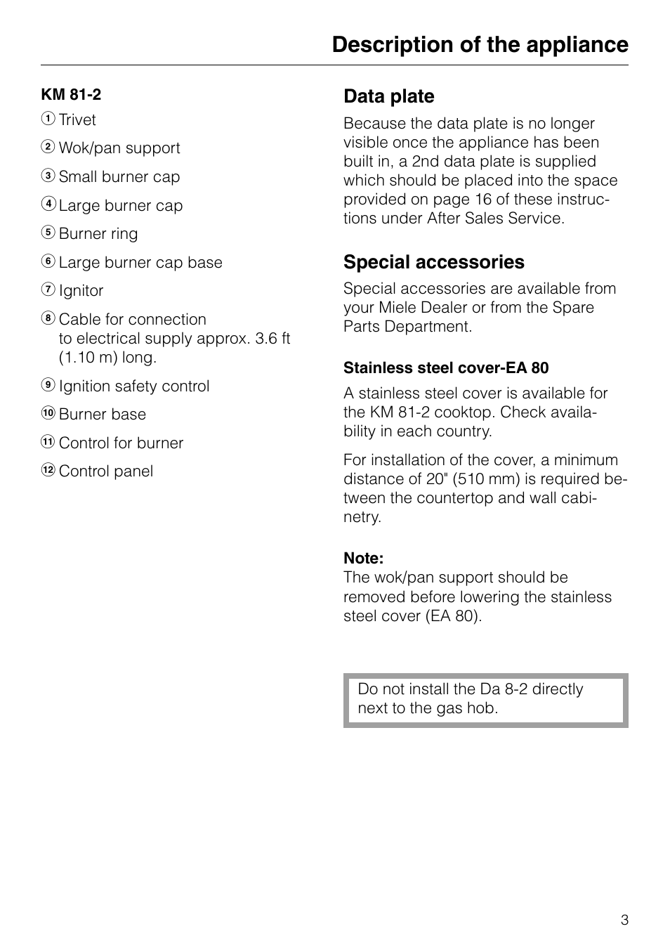 Description of the appliance | Miele GAS KM 81-2 User Manual | Page 3 / 44