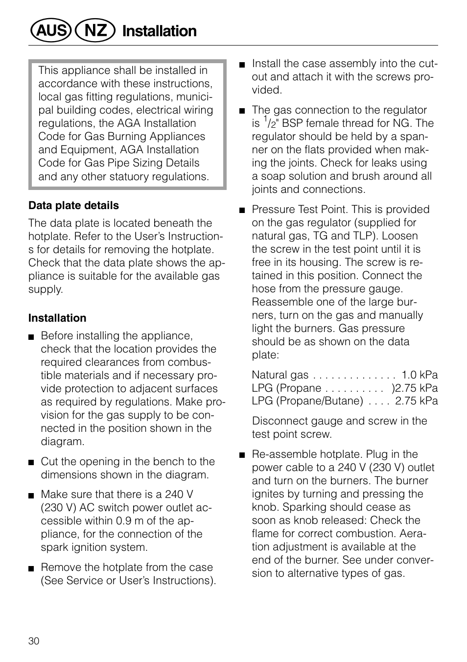 Installation | Miele GAS KM 81-2 User Manual | Page 30 / 44