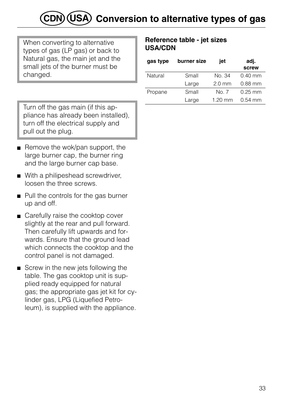 Conversion to alternative types of gas | Miele GAS KM 81-2 User Manual | Page 33 / 44