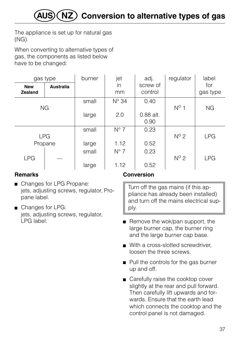 Conversion to alternative types of gas | Miele GAS KM 81-2 User Manual | Page 37 / 44