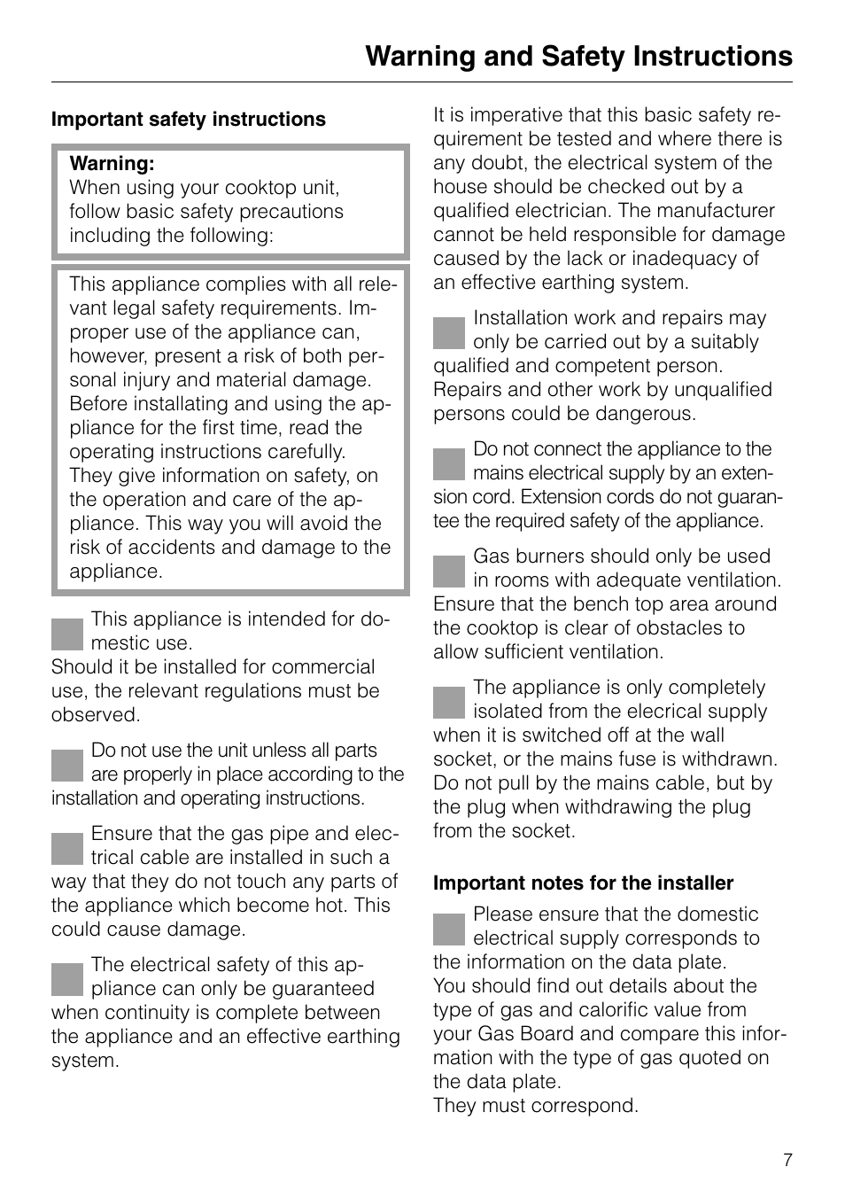 Warning and safety instructions | Miele GAS KM 81-2 User Manual | Page 7 / 44