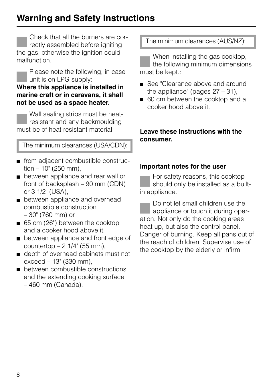 Warning and safety instructions | Miele GAS KM 81-2 User Manual | Page 8 / 44