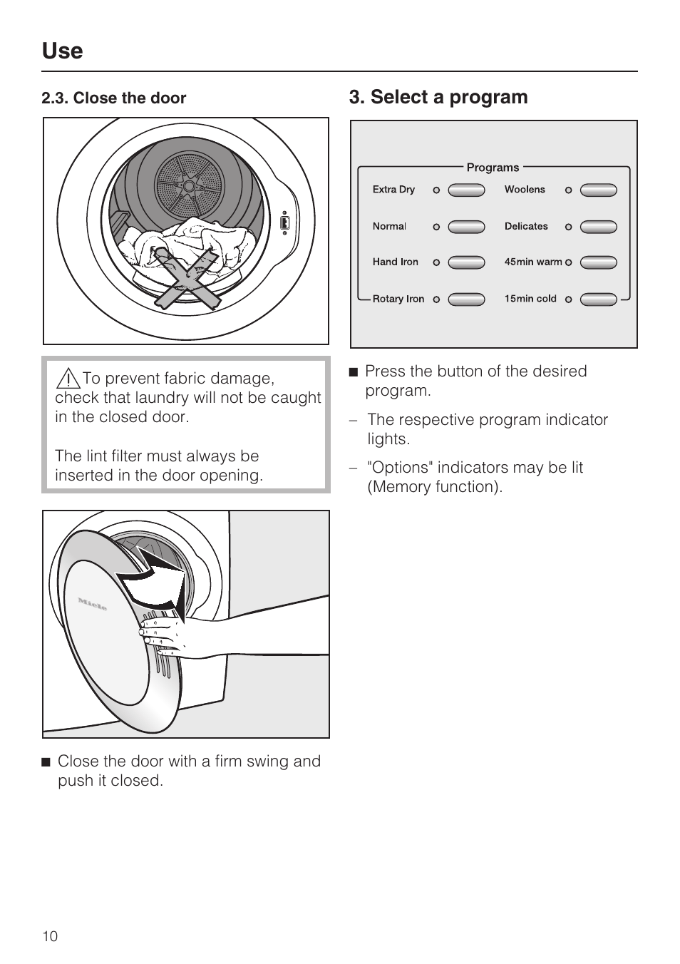 Select a program 10, Select a program | Miele TOUCHTRONIC T 9802 User Manual | Page 10 / 44