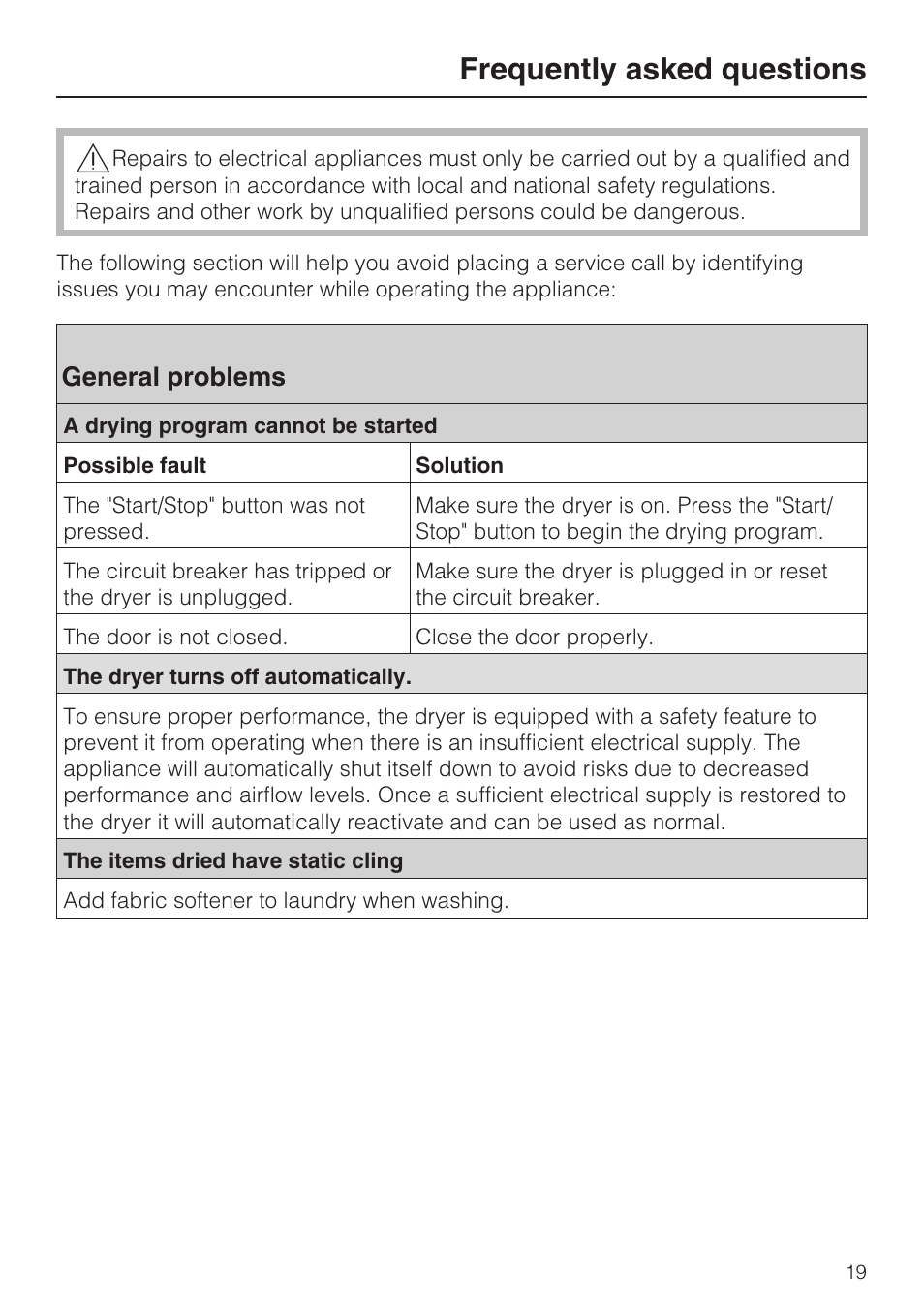 Frequently asked questions 19, General problems 19, Frequently asked questions | General problems | Miele TOUCHTRONIC T 9802 User Manual | Page 19 / 44