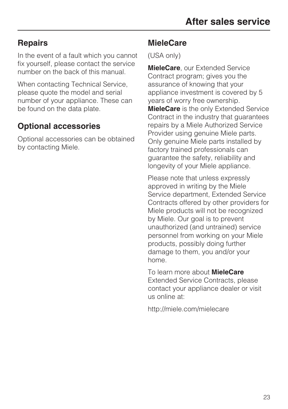 After sales service 23, After sales service | Miele TOUCHTRONIC T 9802 User Manual | Page 27 / 44
