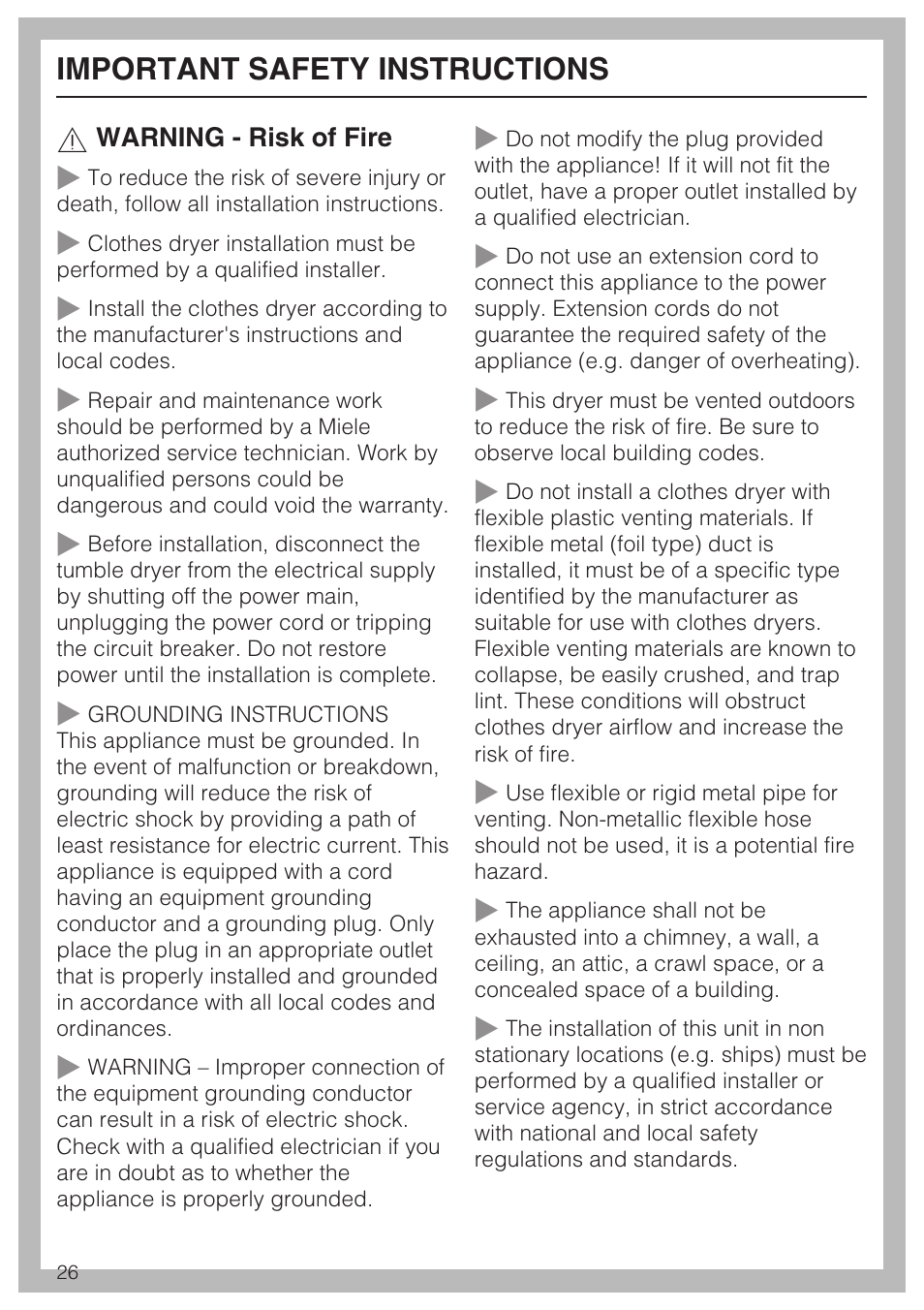 Important safety instructions 26, Important safety instructions | Miele TOUCHTRONIC T 9802 User Manual | Page 30 / 44