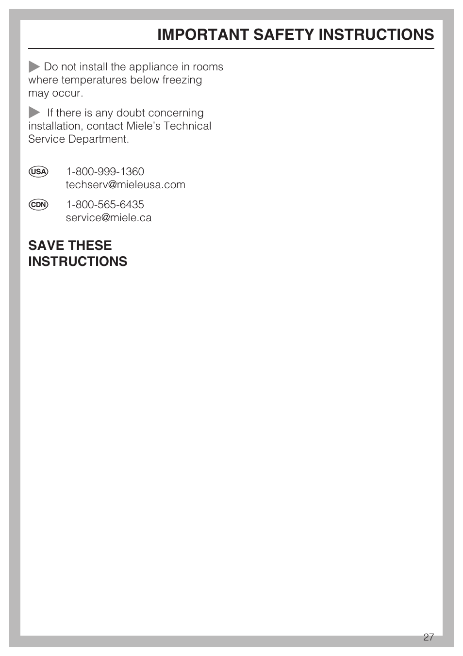 Important safety instructions | Miele TOUCHTRONIC T 9802 User Manual | Page 31 / 44