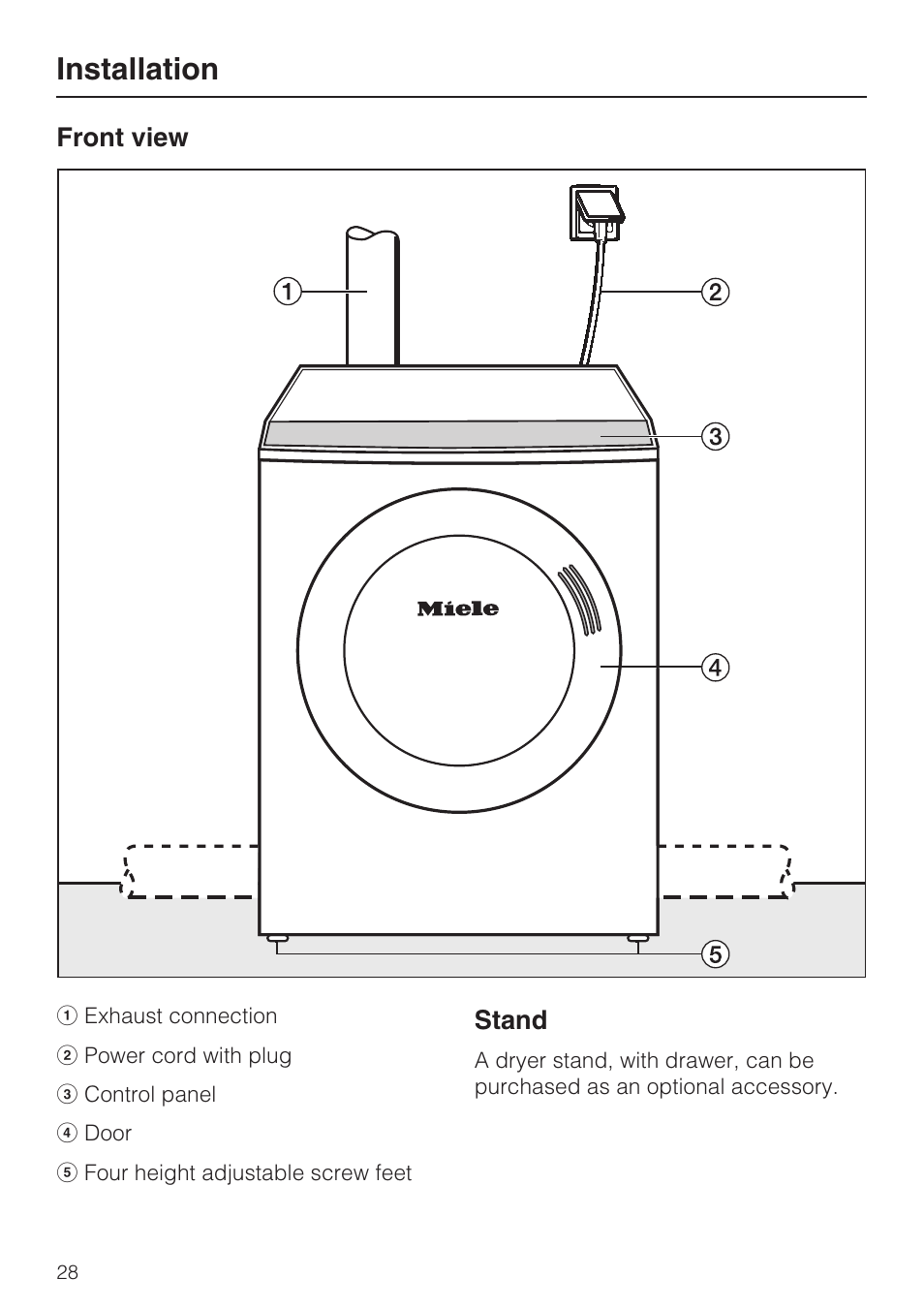 Installation 28, Stand 28, Installation | Miele TOUCHTRONIC T 9802 User Manual | Page 32 / 44