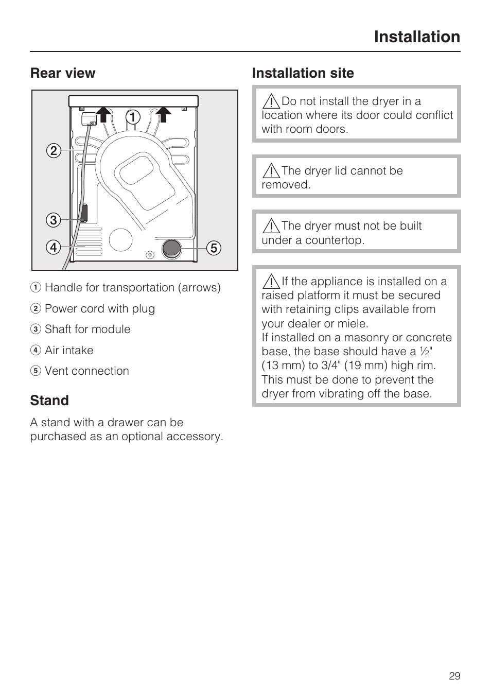 Installation site 29, Installation | Miele TOUCHTRONIC T 9802 User Manual | Page 33 / 44
