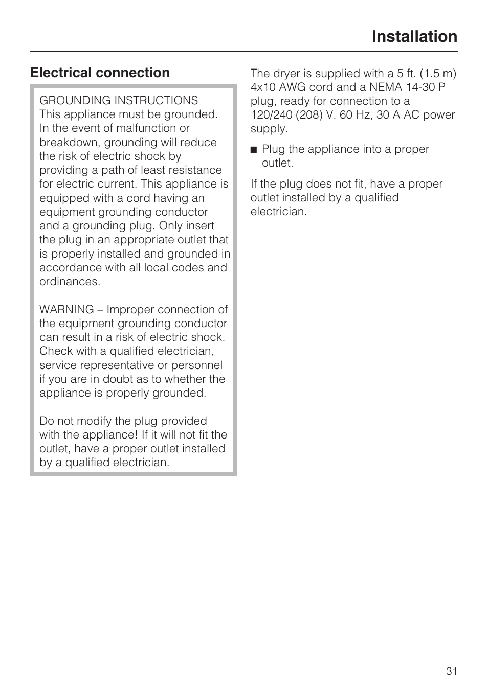 Electrical connection 31, Installation, Electrical connection | Miele TOUCHTRONIC T 9802 User Manual | Page 35 / 44