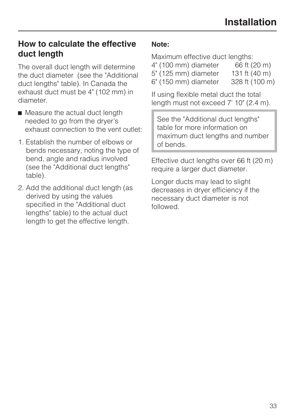 How to calculate the effective duct length 33, Installation, How to calculate the effective duct length | Miele TOUCHTRONIC T 9802 User Manual | Page 37 / 44