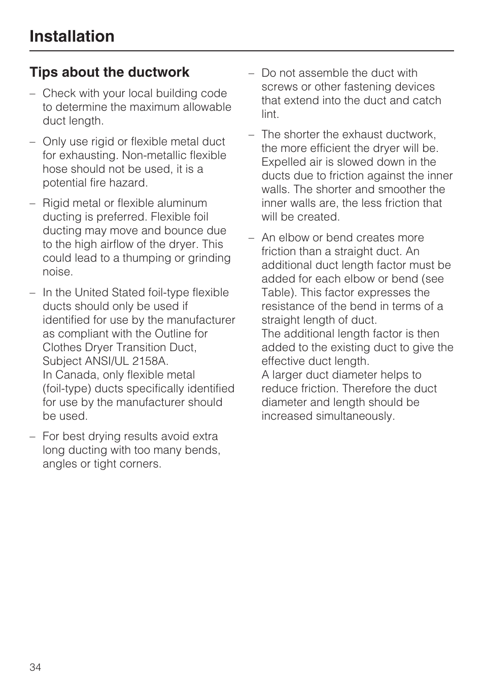 Installation, Tips about the ductwork | Miele TOUCHTRONIC T 9802 User Manual | Page 38 / 44