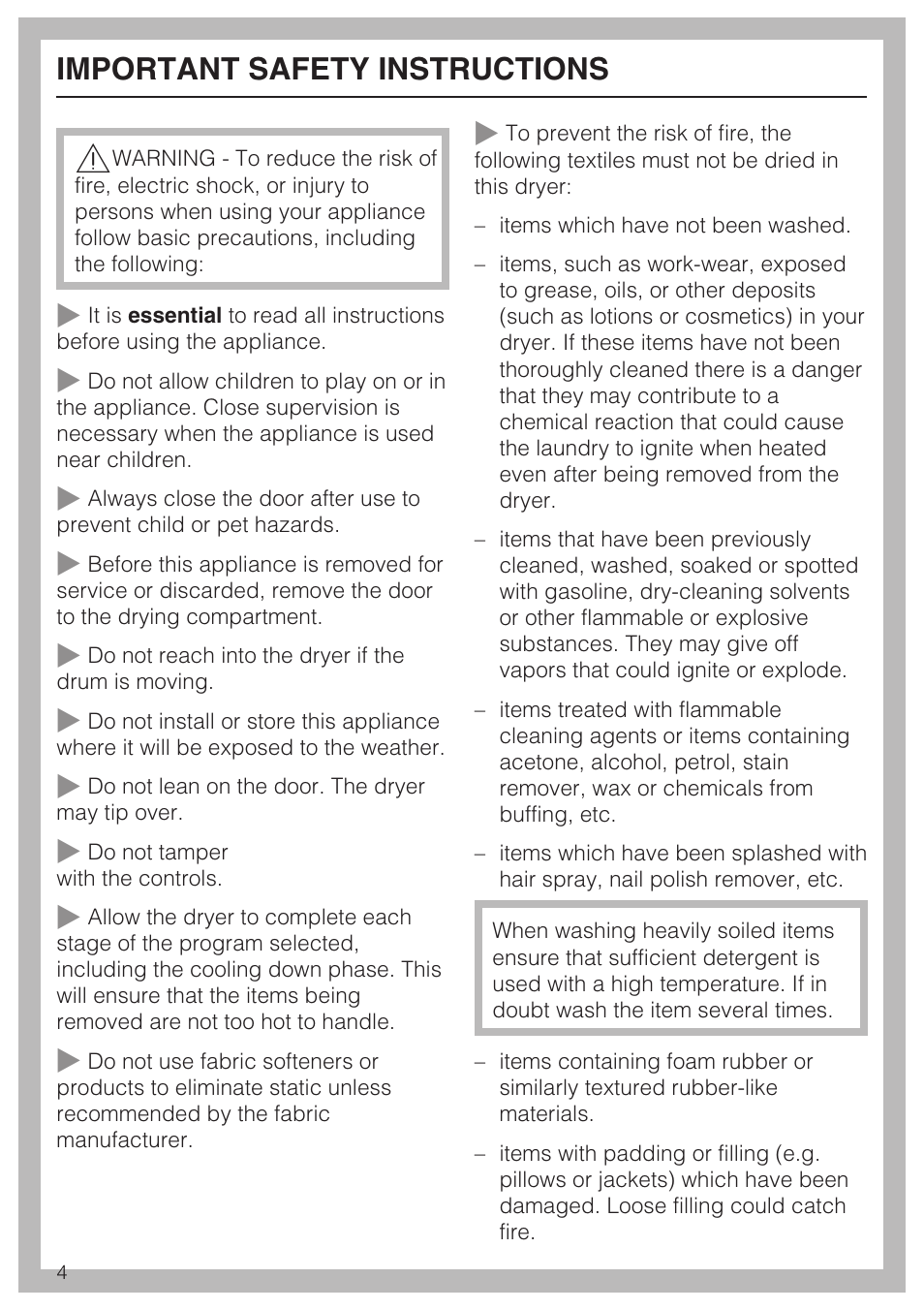 Important safety instructions 4, Important safety instructions | Miele TOUCHTRONIC T 9802 User Manual | Page 4 / 44