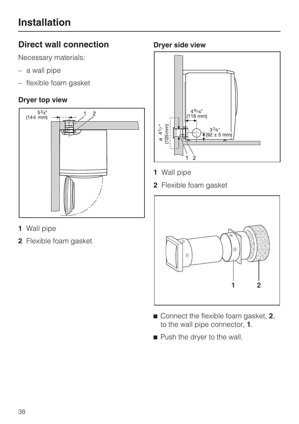 Direct wall connection 38, Installation, Direct wall connection | Miele TOUCHTRONIC T 9802 User Manual | Page 42 / 44