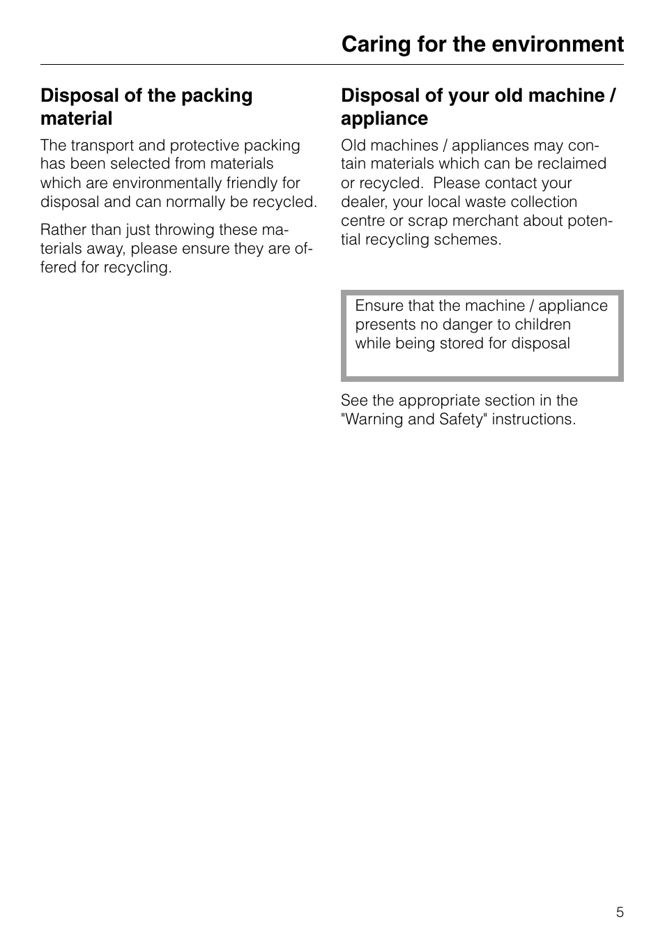 Caring for the environment | Miele M 636 EG User Manual | Page 5 / 44