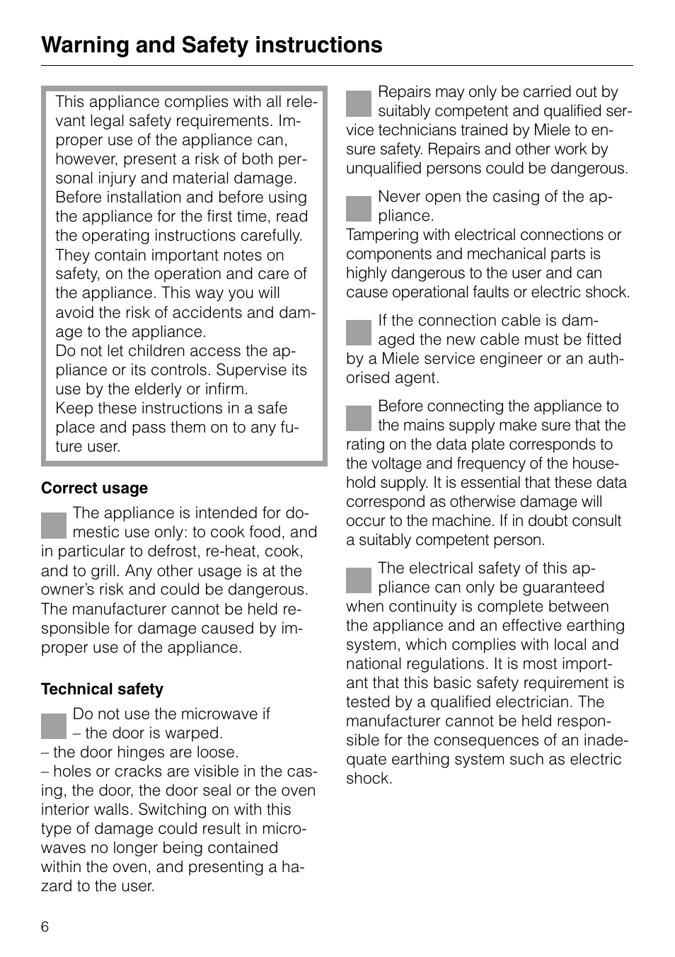 Warning and safety instructions | Miele M 636 EG User Manual | Page 6 / 44