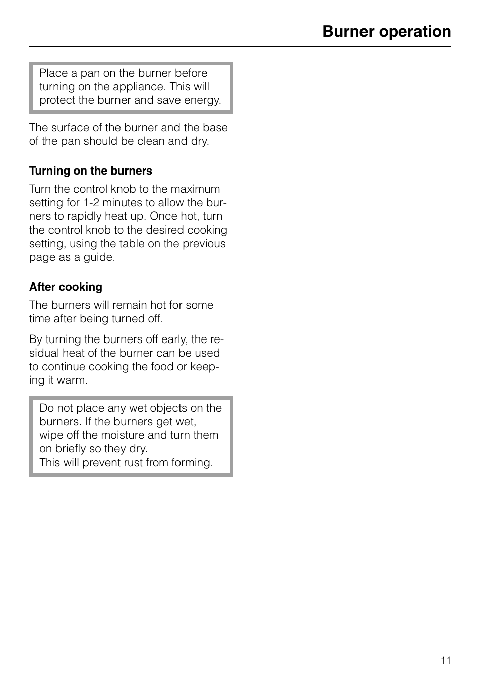 Burner operation | Miele KM82-2 User Manual | Page 11 / 24