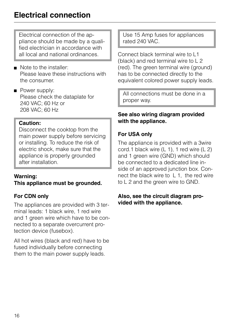 Electrical connection | Miele KM82-2 User Manual | Page 16 / 24