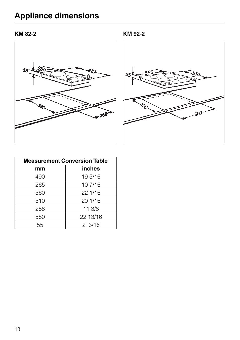 Appliance dimensions | Miele KM82-2 User Manual | Page 18 / 24