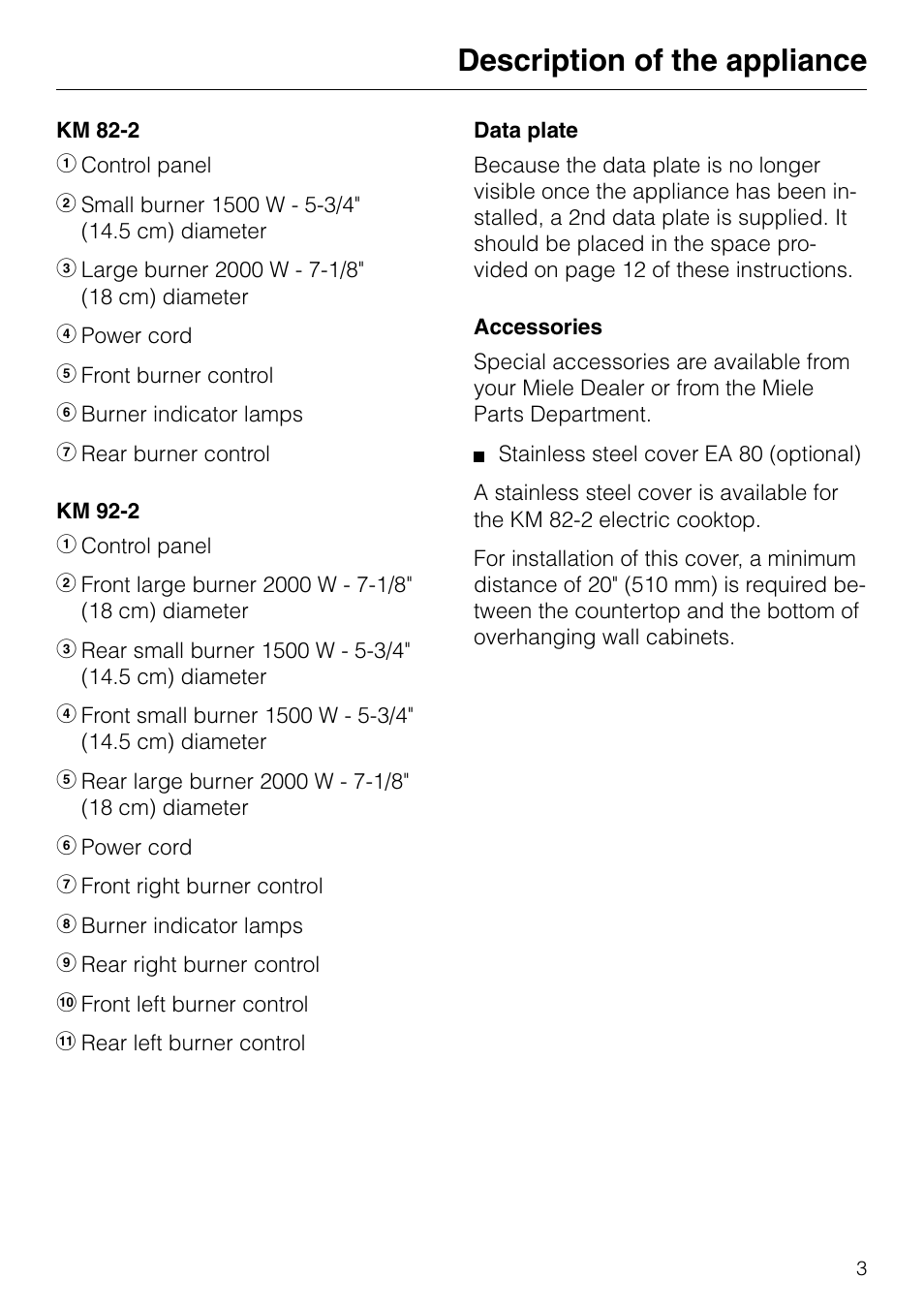 Description of the appliance | Miele KM82-2 User Manual | Page 3 / 24
