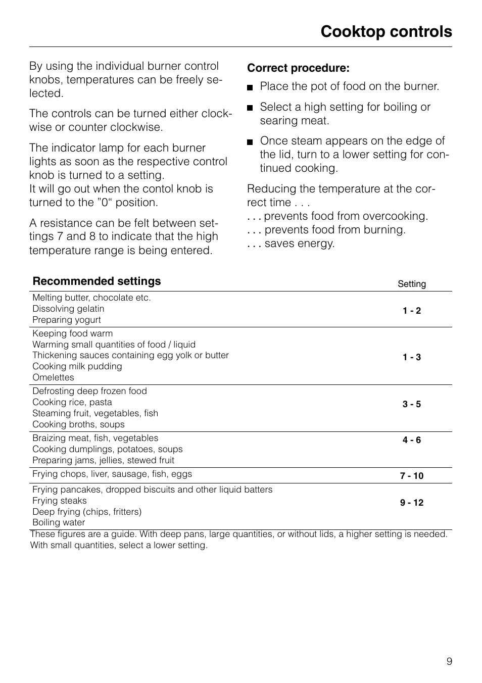 Cooktop controls | Miele KM82-2 User Manual | Page 9 / 24