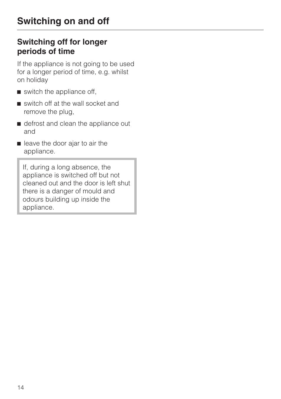 Switching off for longer periods of time 14, Switching off for longer periods of time, Switching on and off | Miele F 456 i-3 User Manual | Page 14 / 48