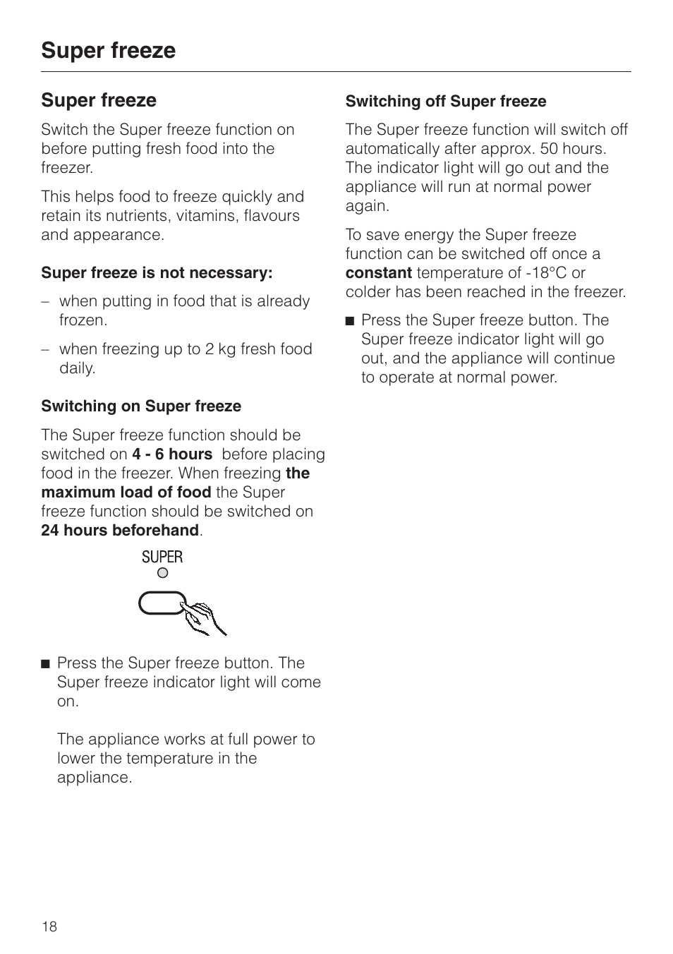 Super freeze 18, Super freeze | Miele F 456 i-3 User Manual | Page 18 / 48