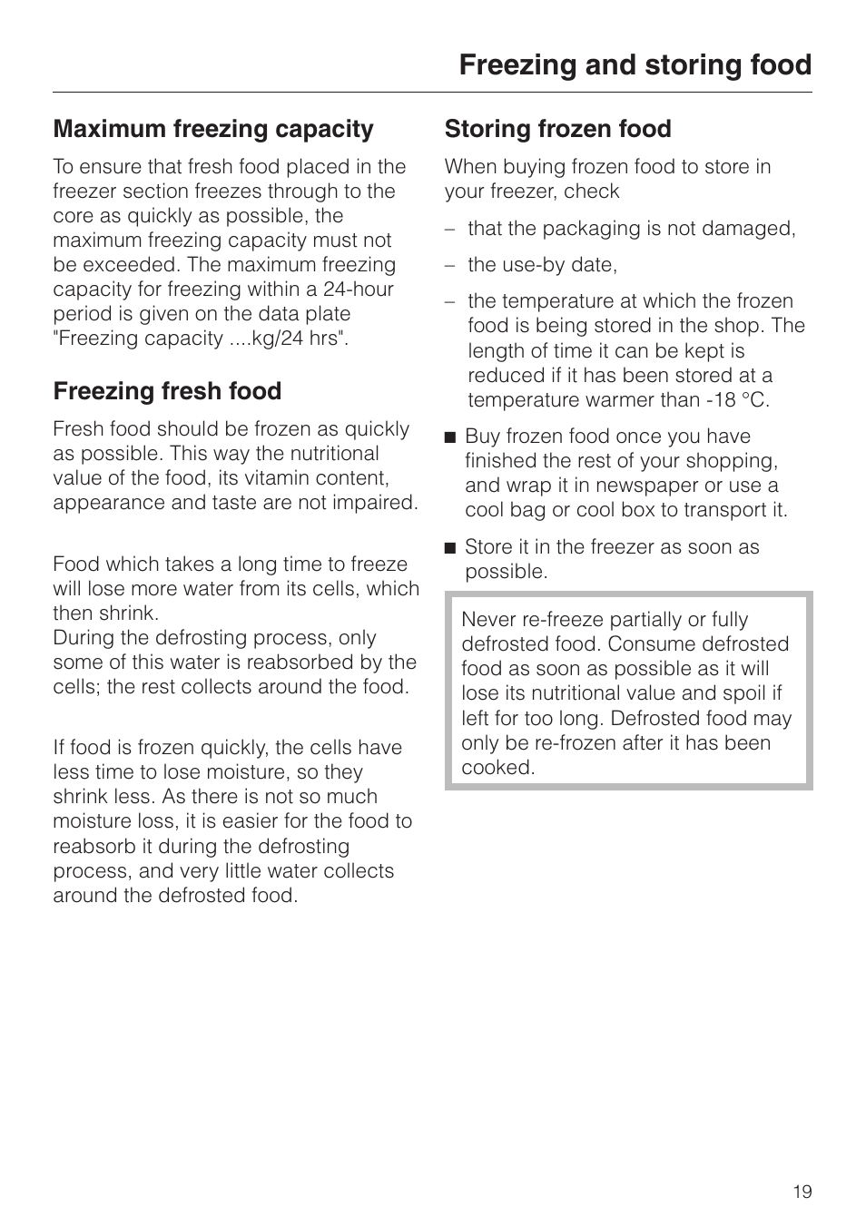 Freezing and storing food 19, Maximum freezing capacity 19, Freezing fresh food 19 | Storing frozen food 19, Freezing and storing food, Maximum freezing capacity, Freezing fresh food, Storing frozen food | Miele F 456 i-3 User Manual | Page 19 / 48