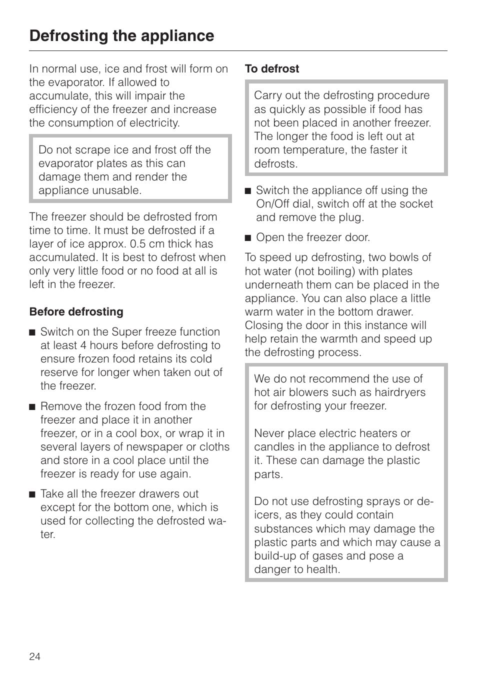 Defrosting the appliance 24, Defrosting the appliance | Miele F 456 i-3 User Manual | Page 24 / 48