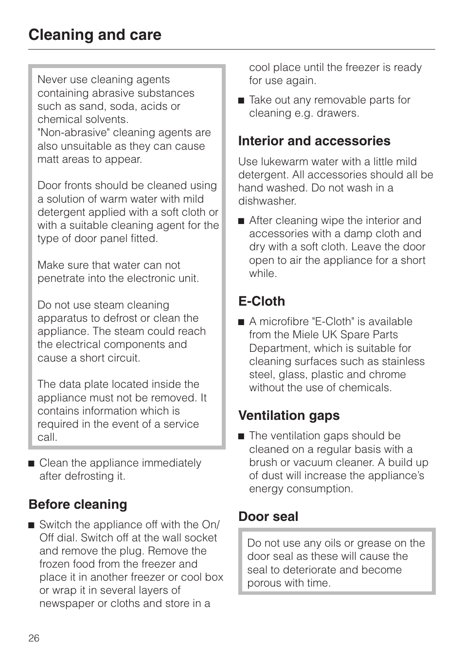 Cleaning and care 26, Interior and accessories 26, Ventilation gaps 26 | Door seal 26, Cleaning and care, Before cleaning, Interior and accessories, E-cloth, Ventilation gaps, Door seal | Miele F 456 i-3 User Manual | Page 26 / 48