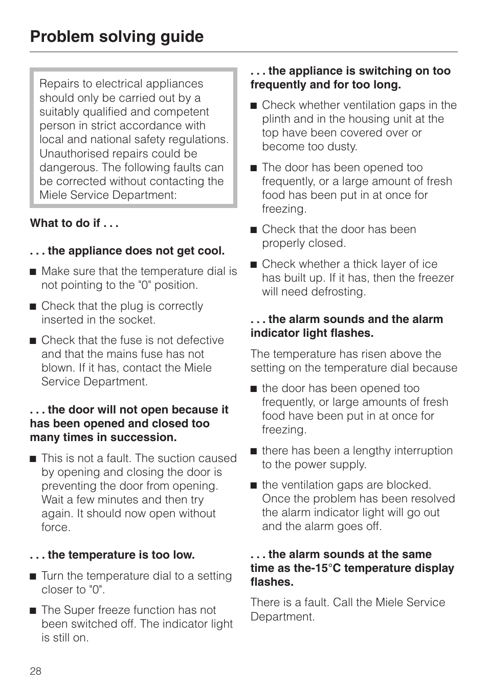 Problem solving guide 28, Problem solving guide | Miele F 456 i-3 User Manual | Page 28 / 48