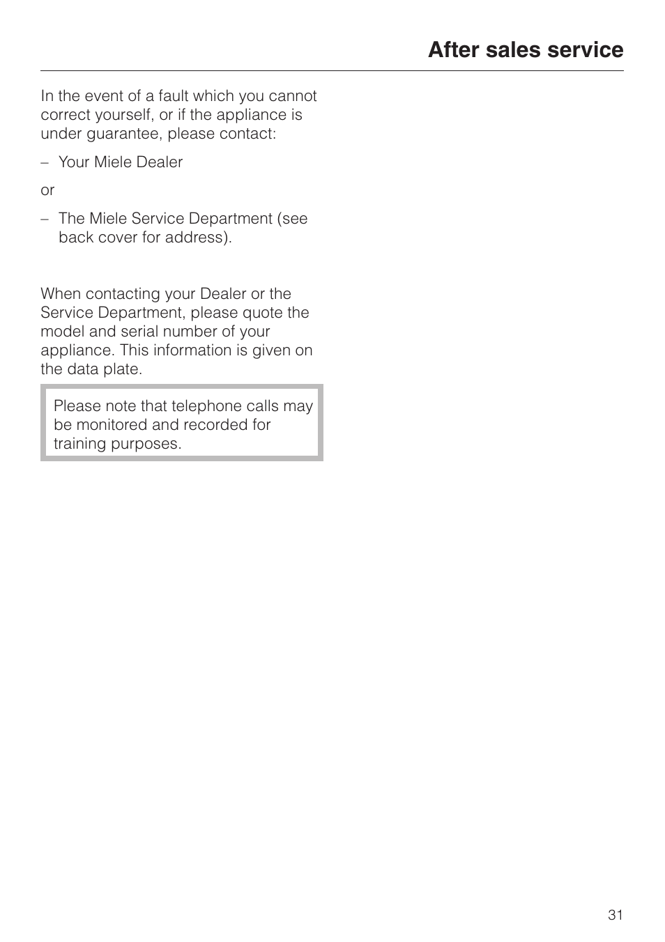After sales service 31, After sales service | Miele F 456 i-3 User Manual | Page 31 / 48