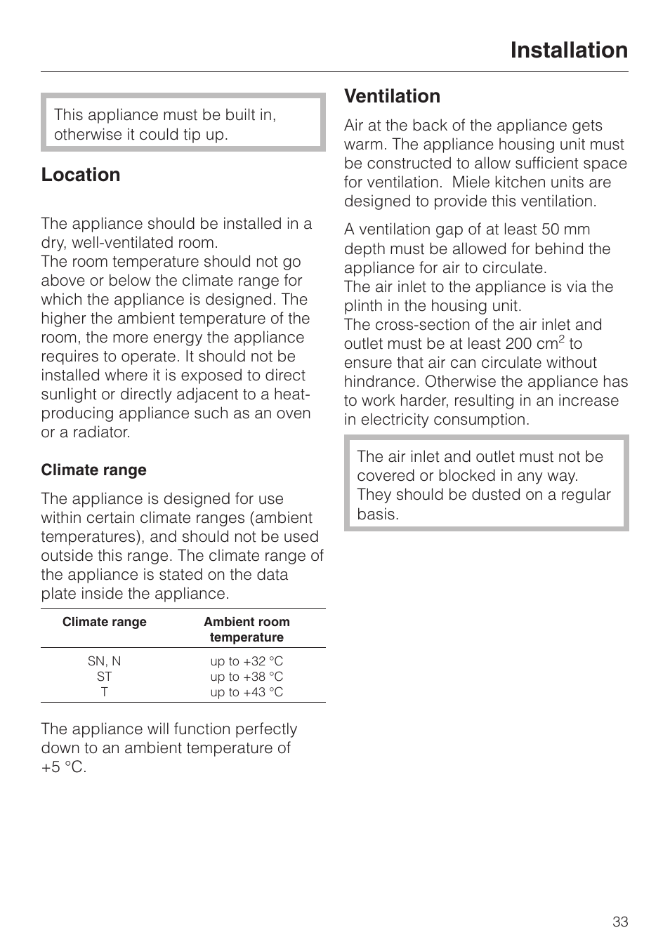 Installation 33, Location 33, Climate range 33 | Ventilation 33, Installation, Location, Climate range, Ventilation | Miele F 456 i-3 User Manual | Page 33 / 48
