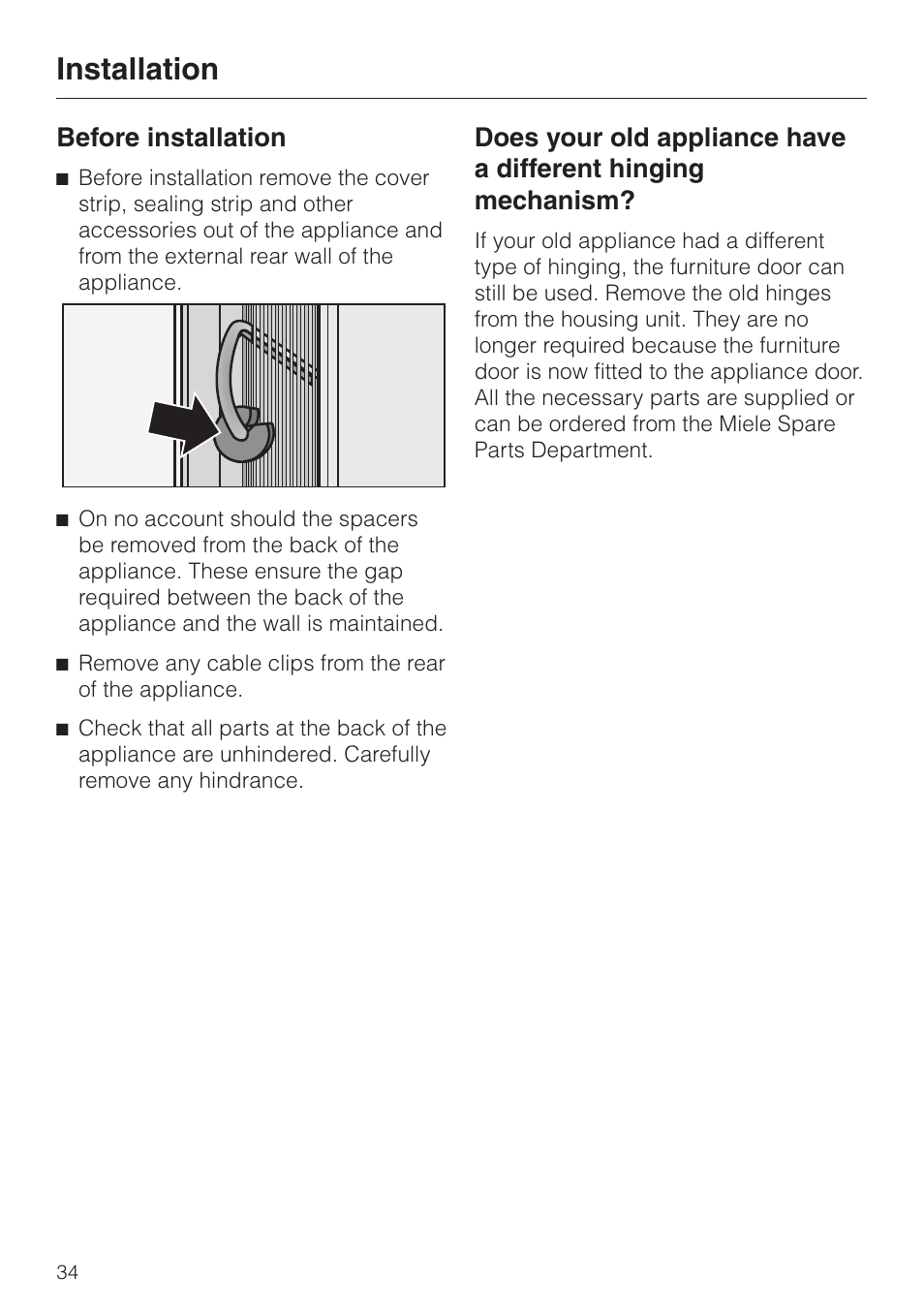 Before installation 34, Installation, Before installation | Miele F 456 i-3 User Manual | Page 34 / 48