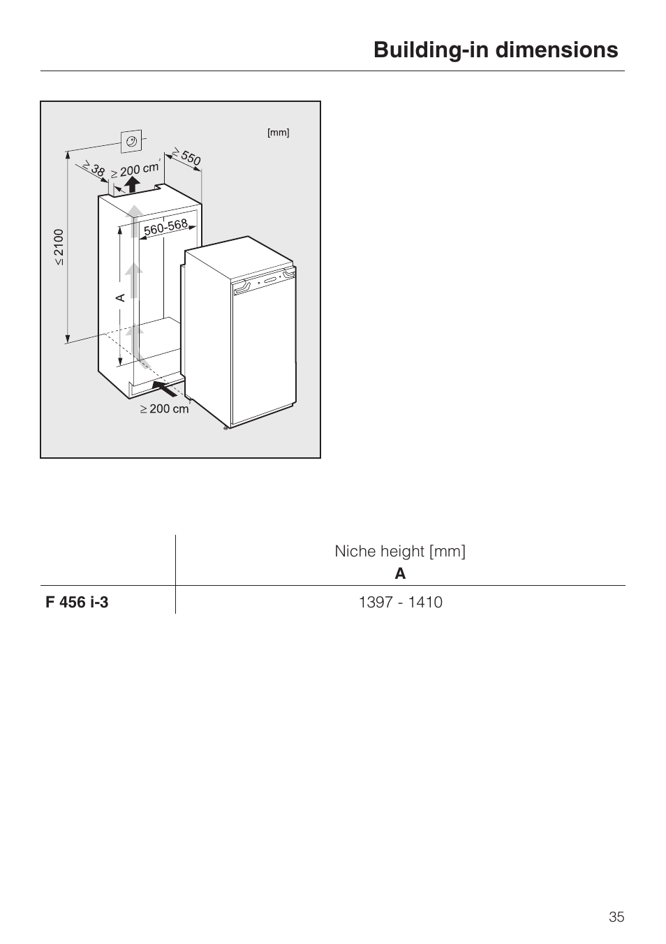 Building-in dimensions 35, Building-in dimensions | Miele F 456 i-3 User Manual | Page 35 / 48