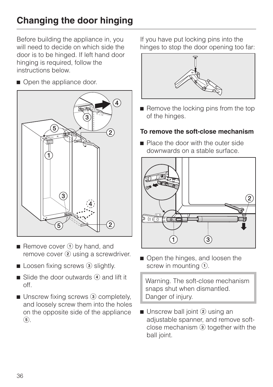 Changing the door hinging 36, Changing the door hinging | Miele F 456 i-3 User Manual | Page 36 / 48