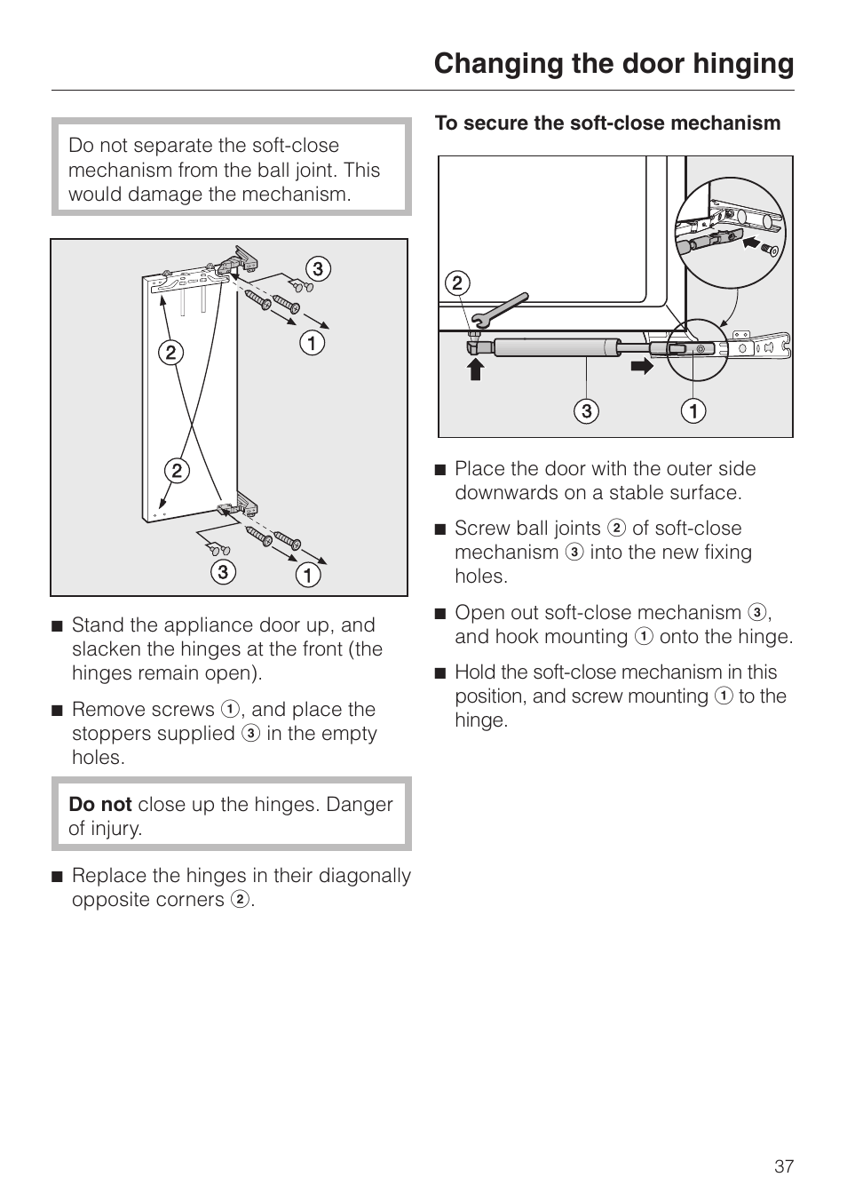 Changing the door hinging | Miele F 456 i-3 User Manual | Page 37 / 48