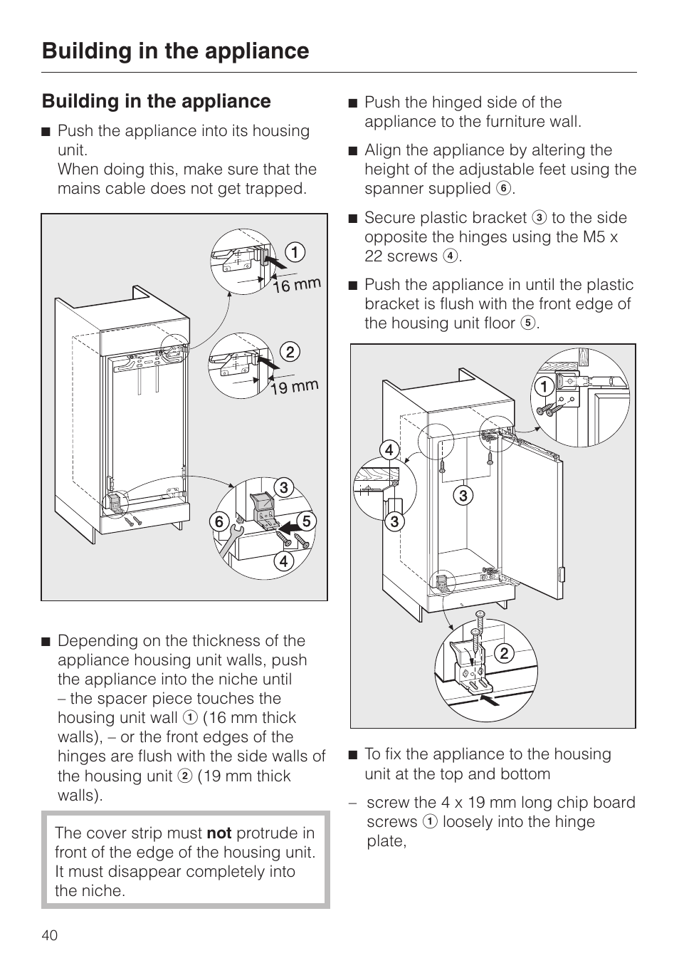 Building in the appliance | Miele F 456 i-3 User Manual | Page 40 / 48