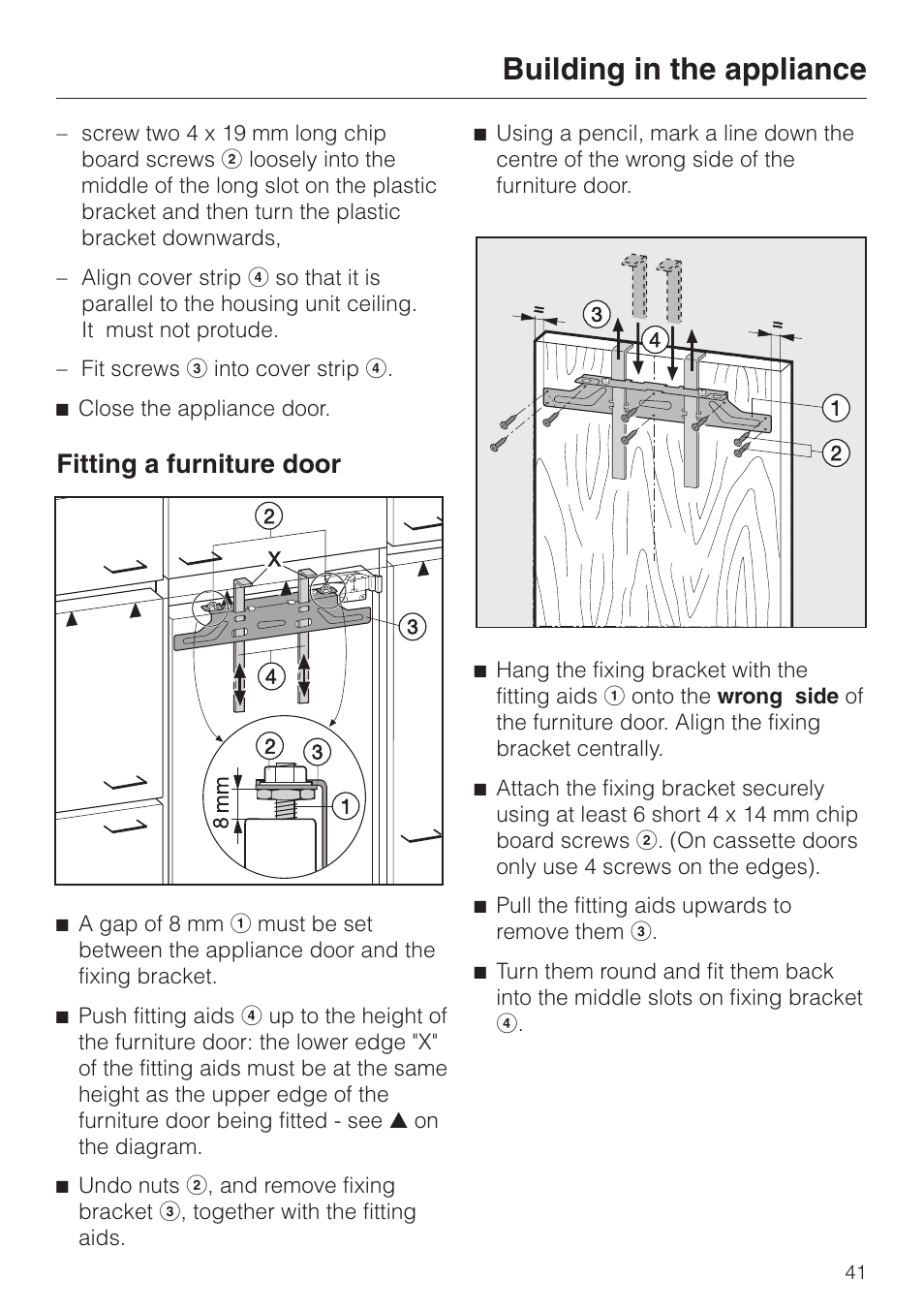 Fitting a furniture door 41, Fitting a furniture door, Building in the appliance | Miele F 456 i-3 User Manual | Page 41 / 48