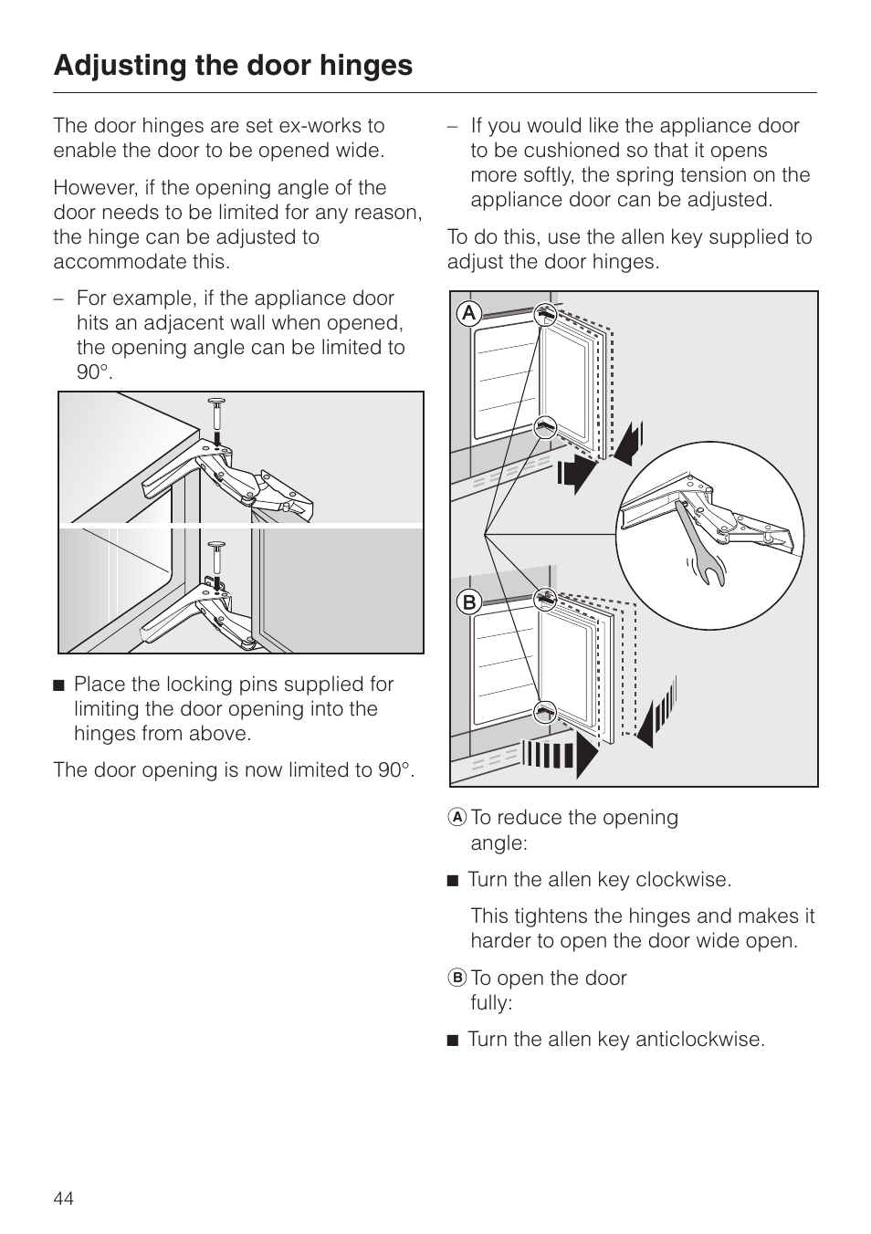 Adjusting the door hinges 44, Adjusting the door hinges | Miele F 456 i-3 User Manual | Page 44 / 48