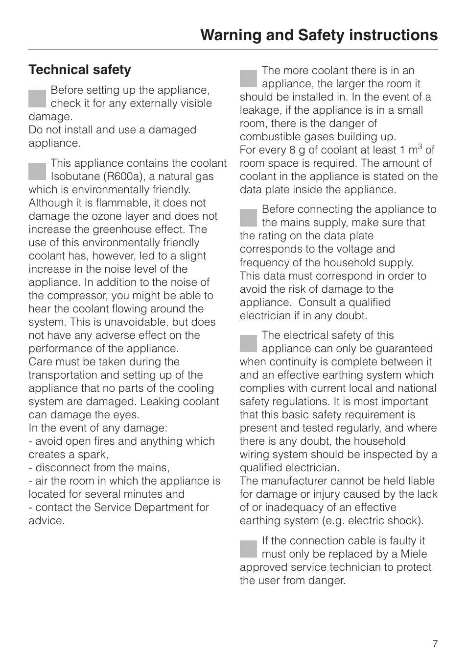 Warning and safety instructions, Technical safety | Miele F 456 i-3 User Manual | Page 7 / 48