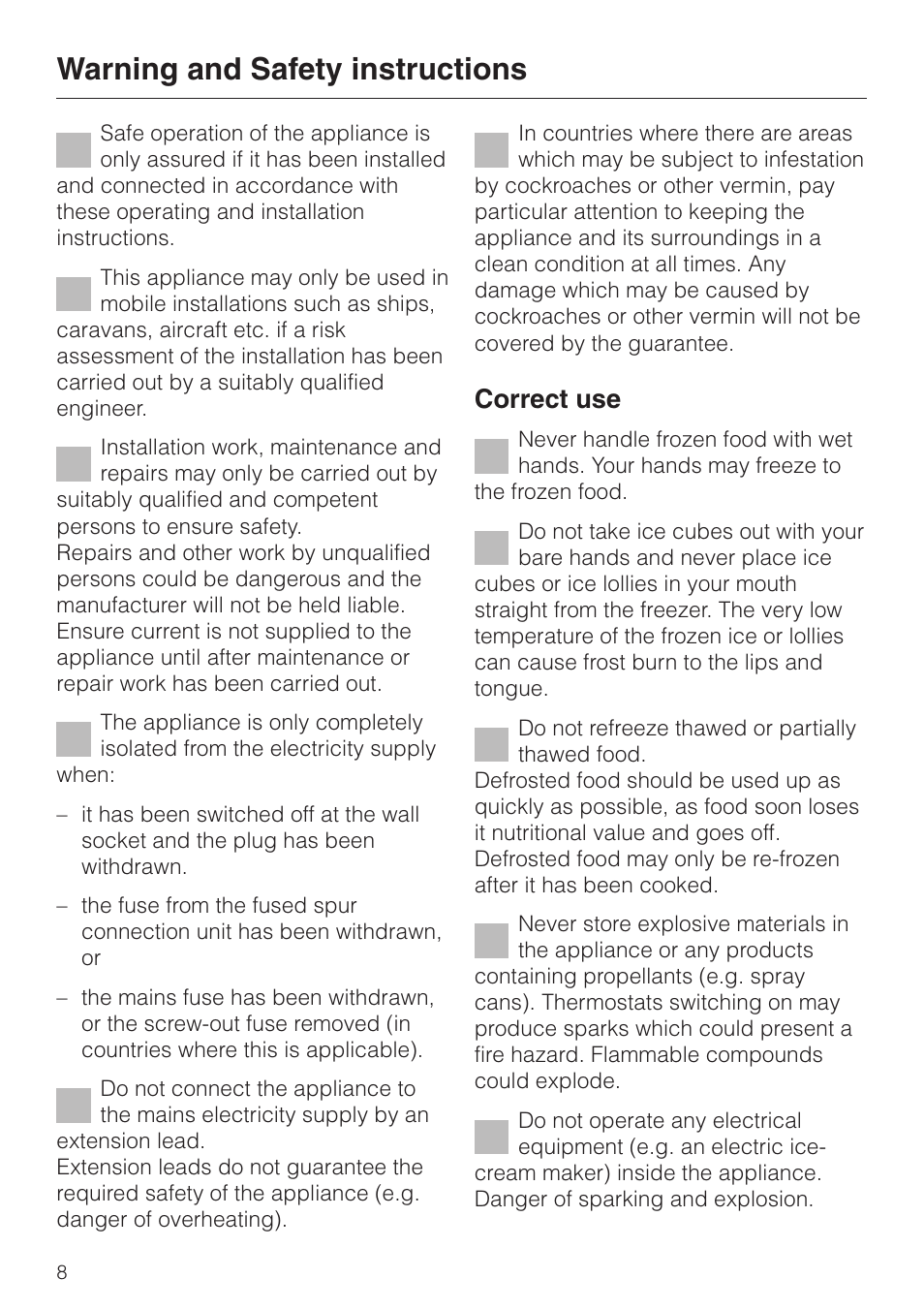 Warning and safety instructions, Correct use | Miele F 456 i-3 User Manual | Page 8 / 48