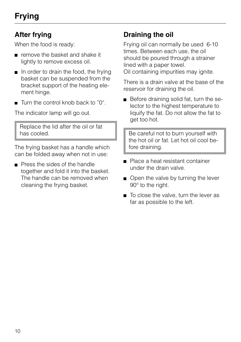 Frying, After frying, Draining the oil | Miele KM89-2 User Manual | Page 10 / 20