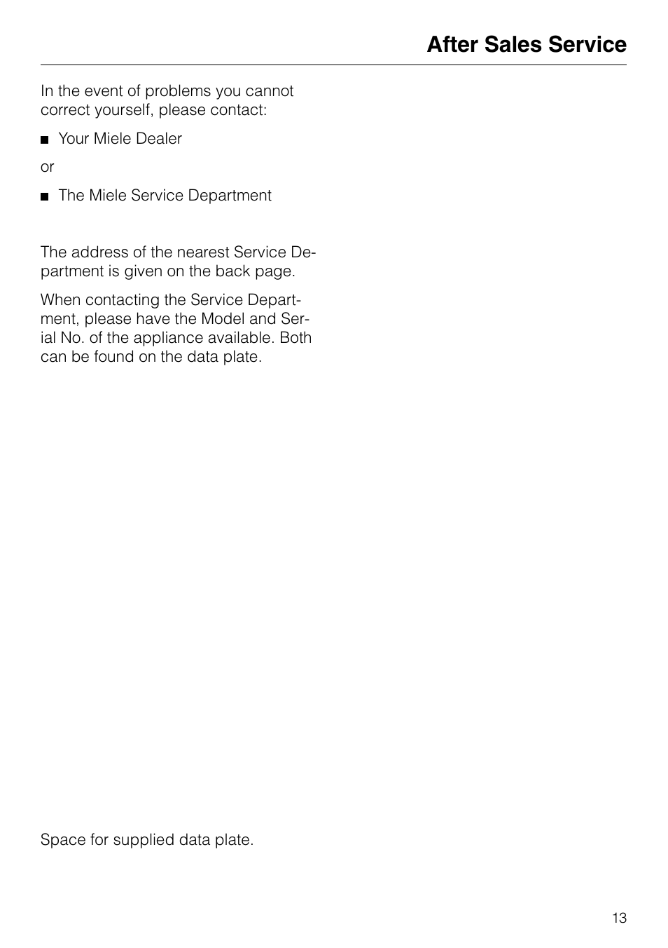 After sales service | Miele KM89-2 User Manual | Page 13 / 20