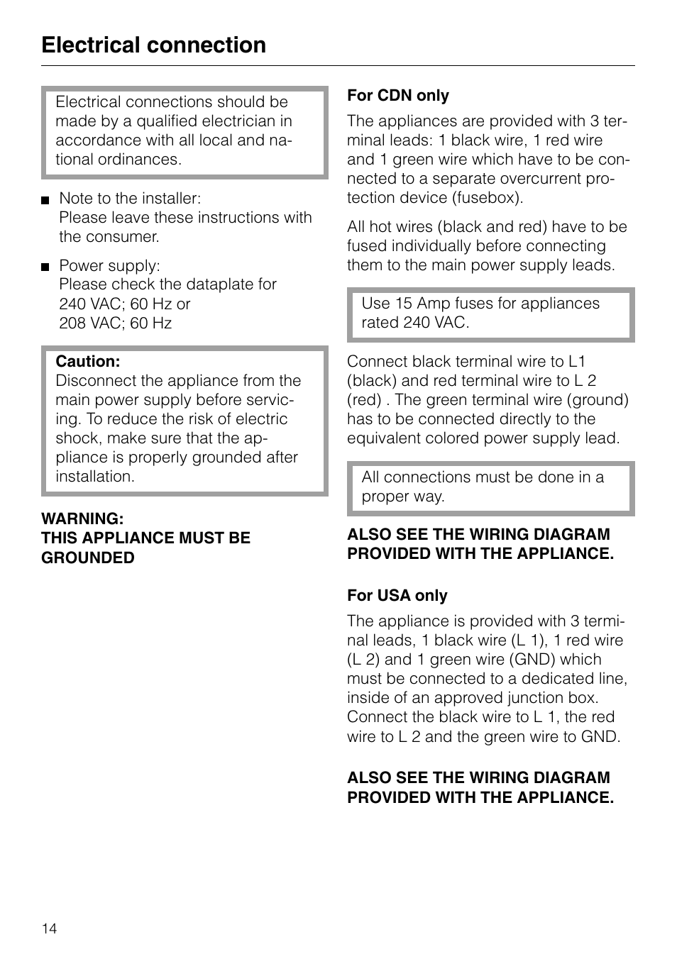 Electrical connection | Miele KM89-2 User Manual | Page 14 / 20