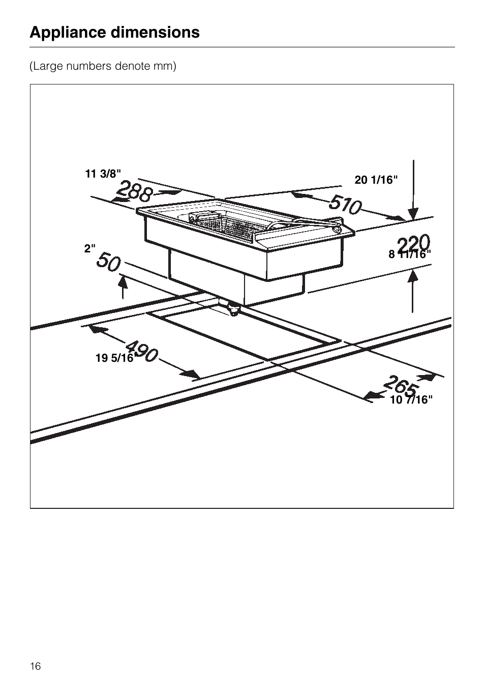 Appliance dimensions | Miele KM89-2 User Manual | Page 16 / 20