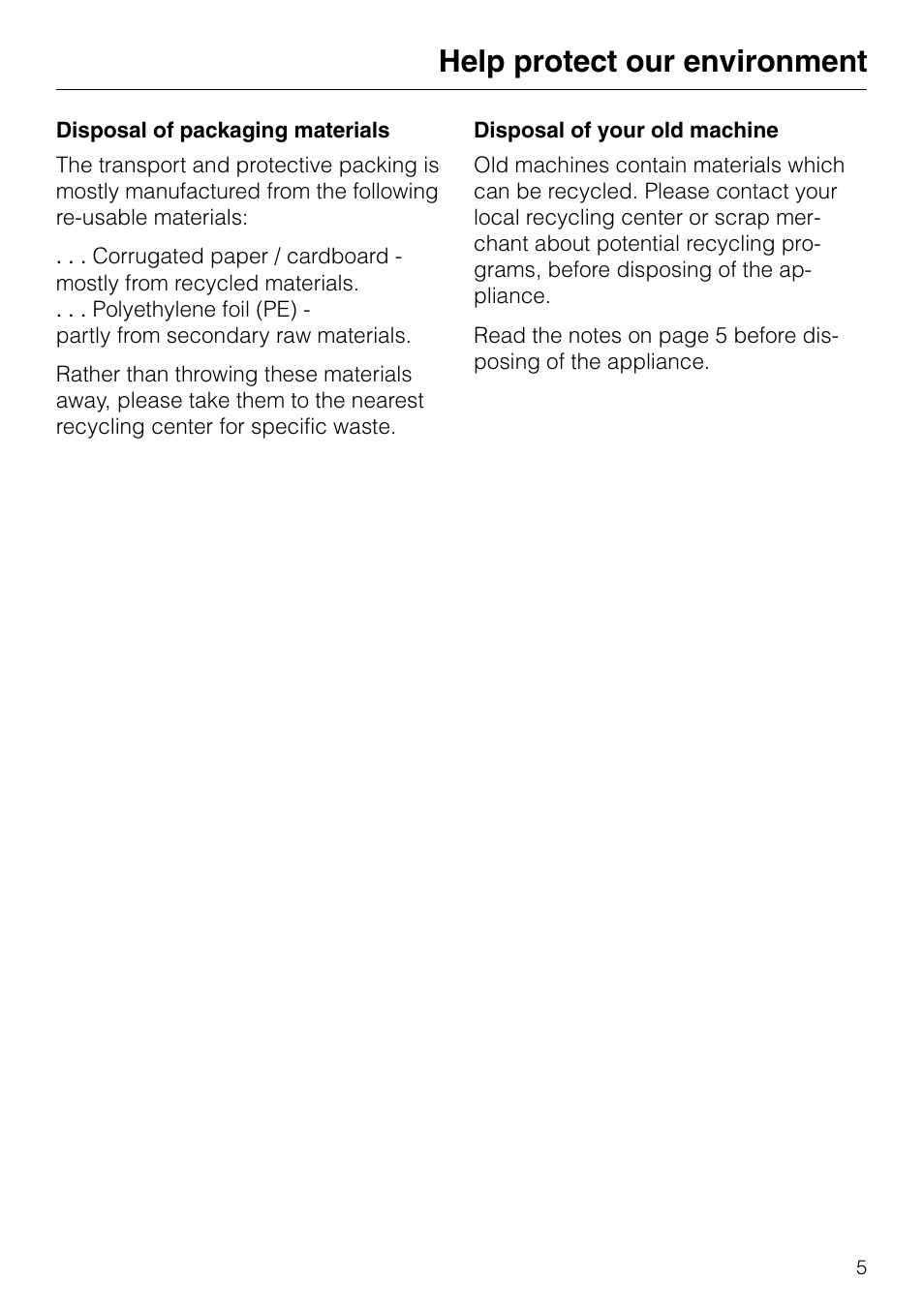 Help protect our environmen, Help protect our environment | Miele KM89-2 User Manual | Page 5 / 20